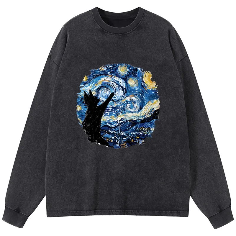 Tokyo-Tiger Starry Night Black Cat Washed Long Sleeve T-Shirt Sale