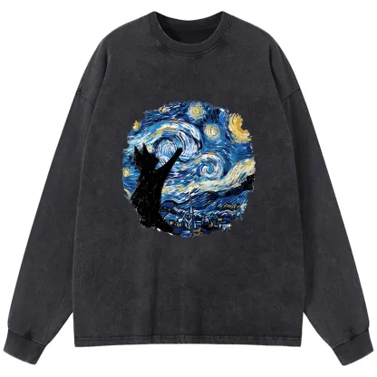 Tokyo-Tiger Starry Night Black Cat Washed Long Sleeve T-Shirt