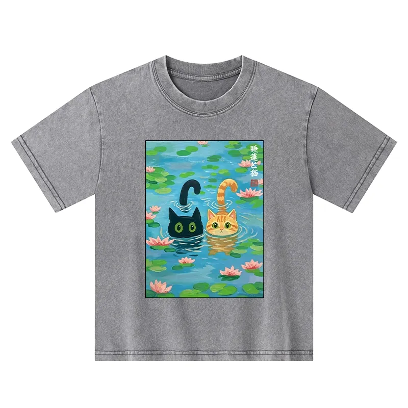Tokyo-Tiger Cats In The Lotus Pond Kids Washed T-Shirt