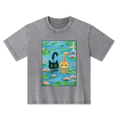 Tokyo-Tiger Cats In The Lotus Pond Kids Washed T-Shirt