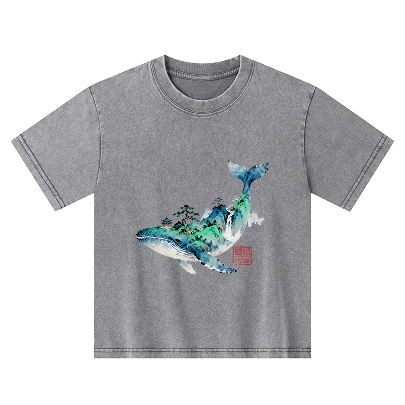 Tokyo-Tiger Whale Ink Painting Landscape Kids Washed T-Shirt