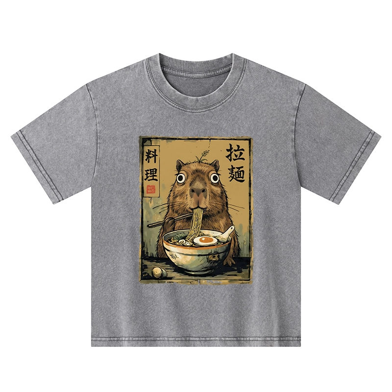 Tokyo-Tiger Cute Capybara Eating Ramen Kids Washed T-Shirt