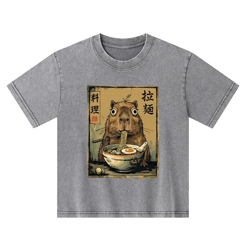 Tokyo-Tiger Cute Capybara Eating Ramen Kids Washed T-Shirt