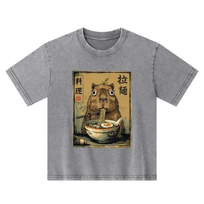 Tokyo-Tiger Cute Capybara Eating Ramen Kids Washed T-Shirt