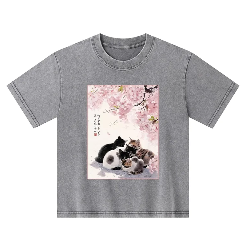 Tokyo-Tiger Cute Cats Sakura Garden Kids Washed T-Shirt