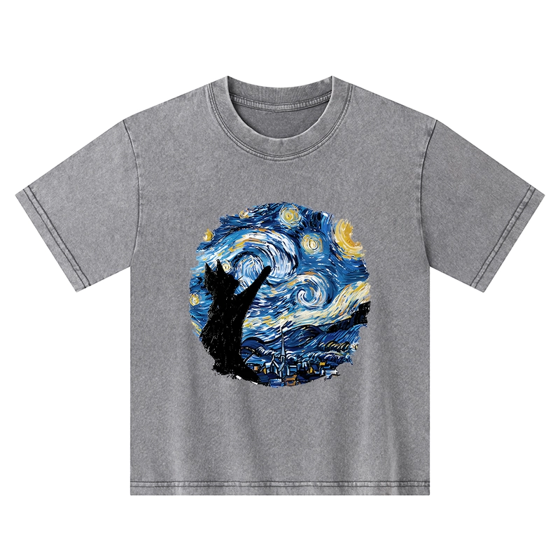 Tokyo-Tiger Starry Night Black Cat Kids Washed T-Shirt