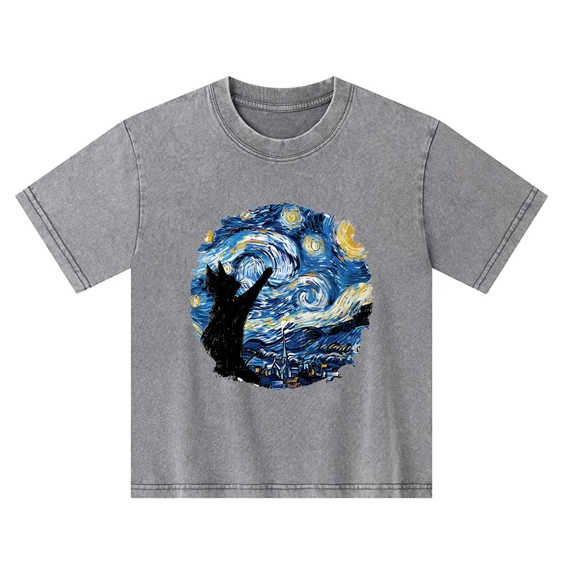 Tokyo-Tiger Starry Night Black Cat Kids Washed T-Shirt