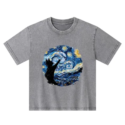 Tokyo-Tiger Starry Night Black Cat Kids Washed T-Shirt