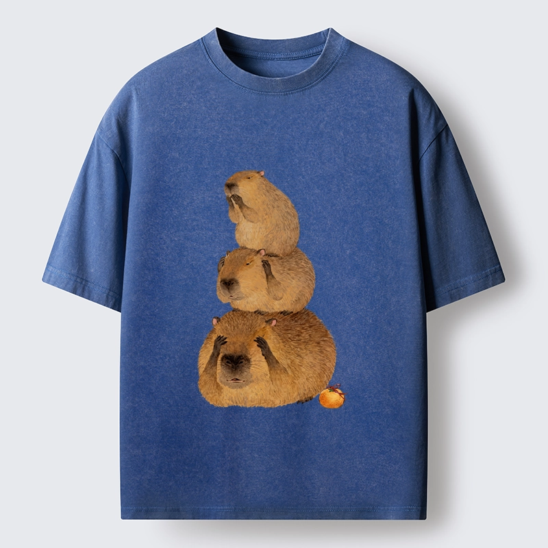 Tokyo-Tiger Capybara Hear No Evil Meme Washed T-Shirt