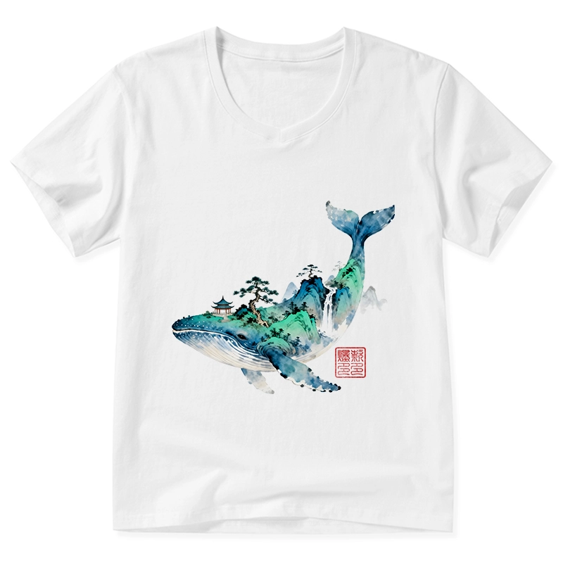 Tokyo-Tiger Whale Ink Painting Landscape V-Neck Classic T-Shirt