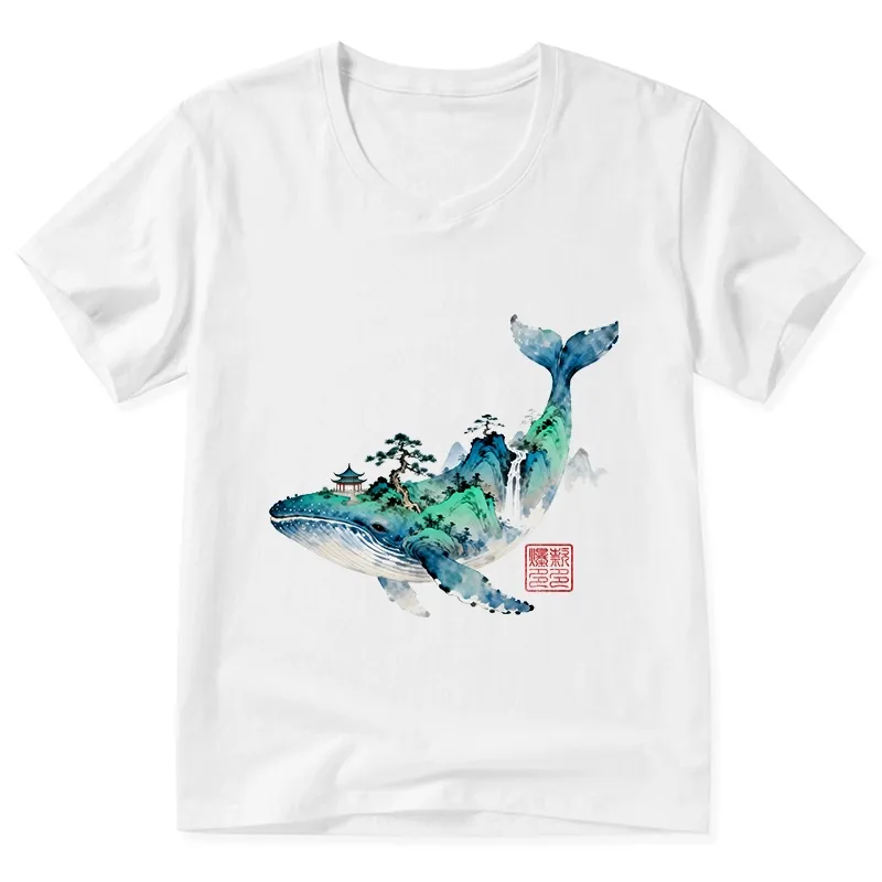 Tokyo-Tiger Whale Ink Painting Landscape V-Neck Classic T-Shirt