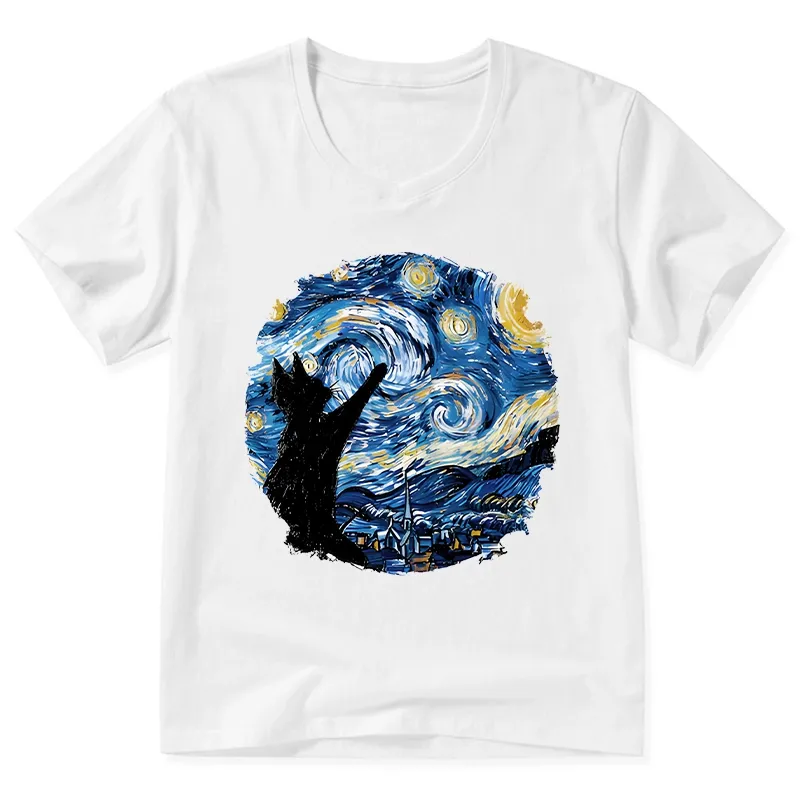 Tokyo-Tiger Starry Night Black Cat V-Neck Classic T-Shirt