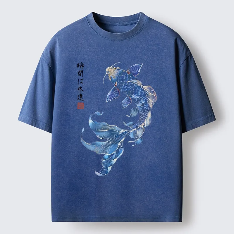 Tokyo-Tiger Lucky Blue Koi Fish Art Washed T-Shirt