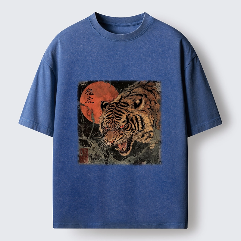Tokyo-Tiger Fierce Tiger Red Moon Art Washed T-Shirt