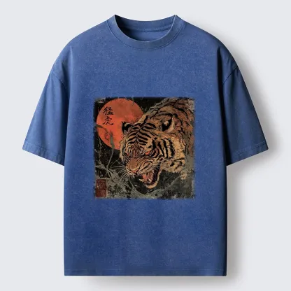 Tokyo-Tiger Fierce Tiger Red Moon Art Washed T-Shirt
