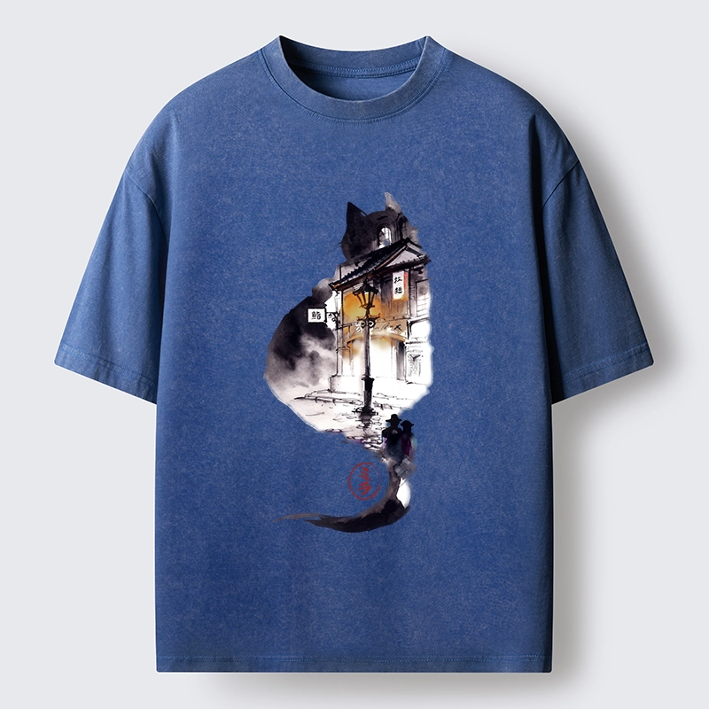 Tokyo-Tiger Black Cat Night Street Silhouette Washed T-Shirt