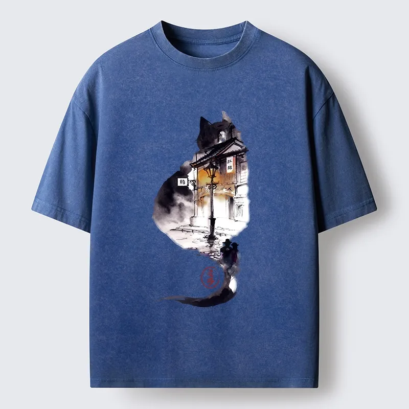 Tokyo-Tiger Black Cat Night Street Silhouette Washed T-Shirt