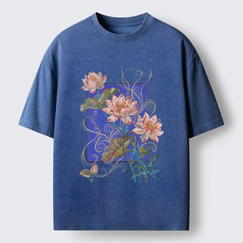 Tokyo-Tiger Lotus Art Floral Vibe Washed T-Shirt