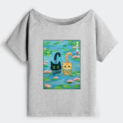 Tokyo-Tiger Cats In The Lotus Pond Off Shoulder T-Shirt