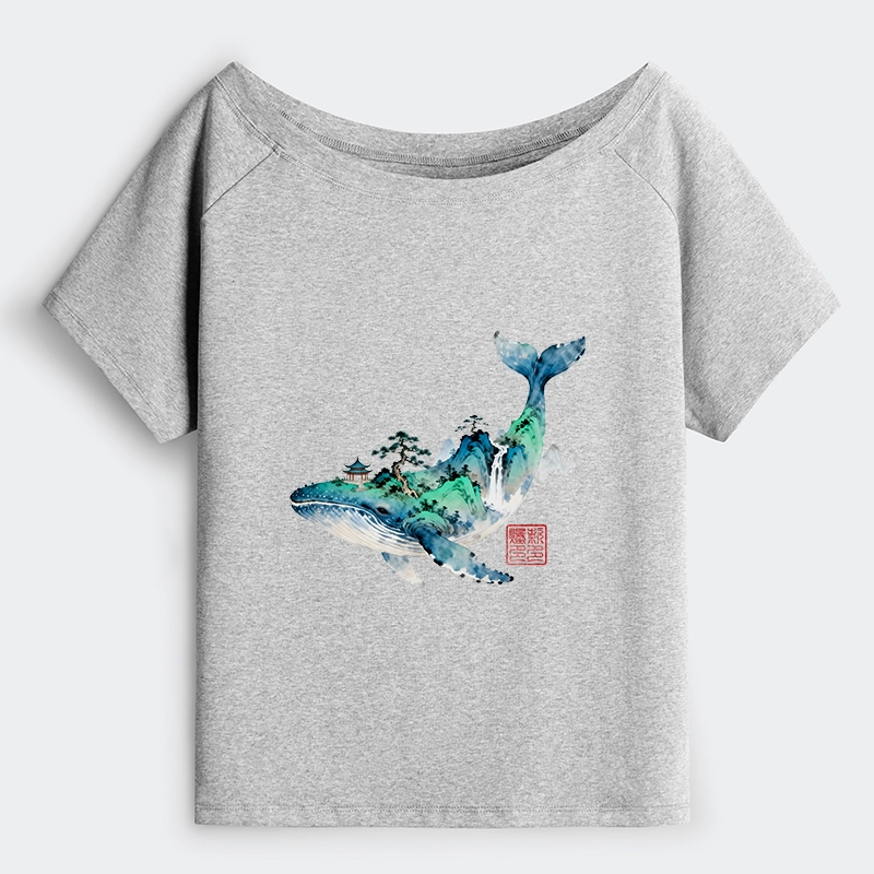 Tokyo-Tiger Whale Ink Painting Landscape Off Shoulder T-Shirt