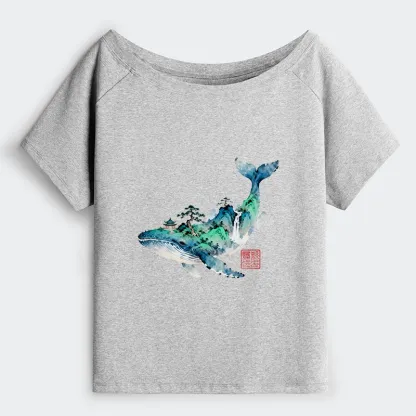 Tokyo-Tiger Whale Ink Painting Landscape Off Shoulder T-Shirt