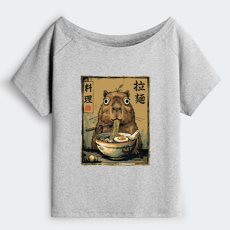 Tokyo-Tiger Cute Capybara Eating Ramen Off Shoulder T-Shirt