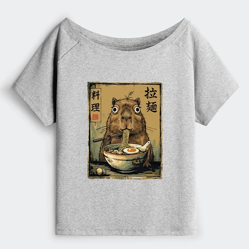 Tokyo-Tiger Cute Capybara Eating Ramen Off Shoulder T-Shirt