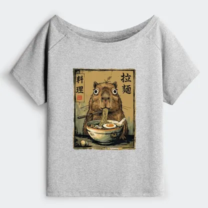 Tokyo-Tiger Cute Capybara Eating Ramen Off Shoulder T-Shirt