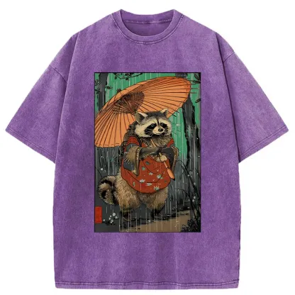 Tokyo-Tiger Cute Raccoon Japanese Washed T-Shirt