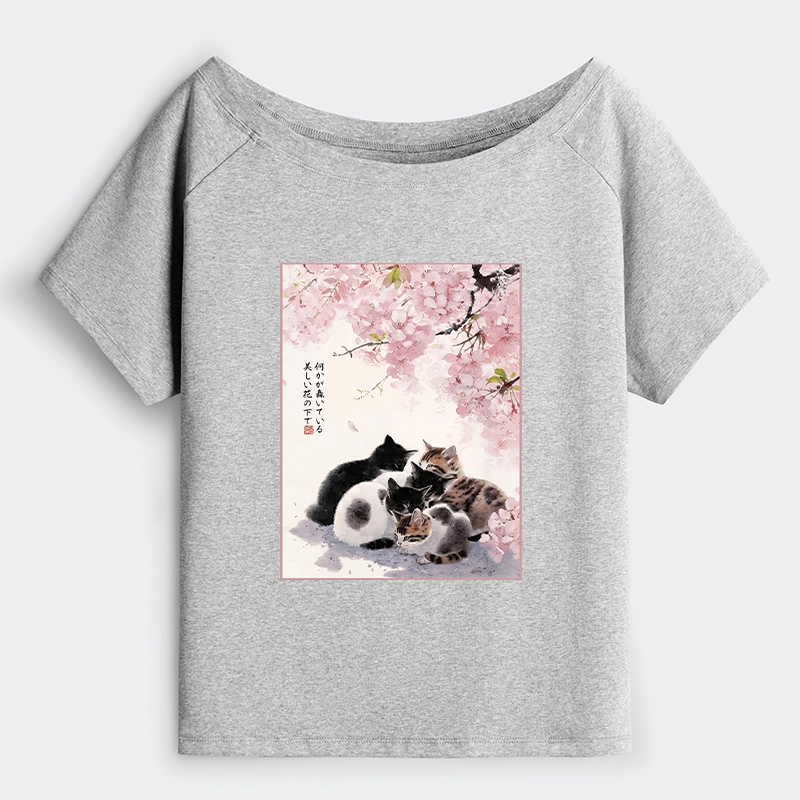 Tokyo-Tiger Cute Cats Sakura Garden Off Shoulder T-Shirt