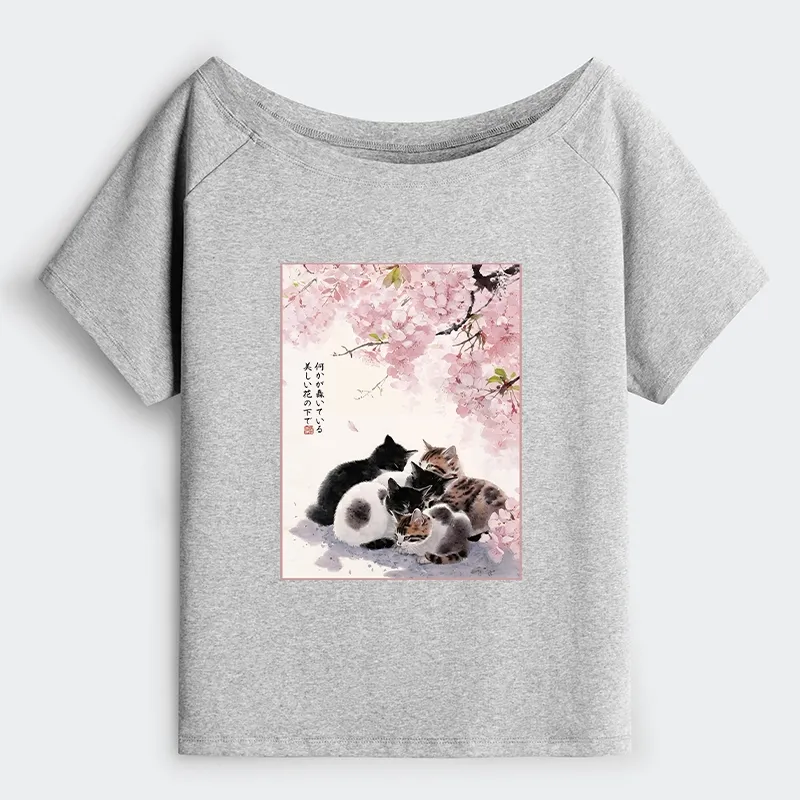 Tokyo-Tiger Cute Cats Sakura Garden Off Shoulder T-Shirt