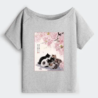 Tokyo-Tiger Cute Cats Sakura Garden Off Shoulder T-Shirt