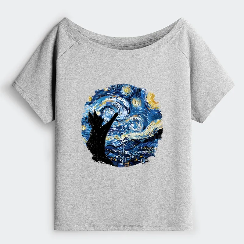 Tokyo-Tiger Starry Night Black Cat Off Shoulder T-Shirt