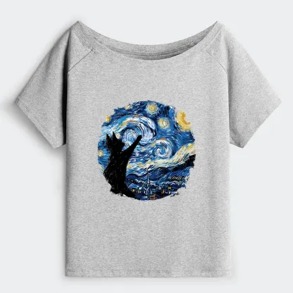 Tokyo-Tiger Starry Night Black Cat Off Shoulder T-Shirt