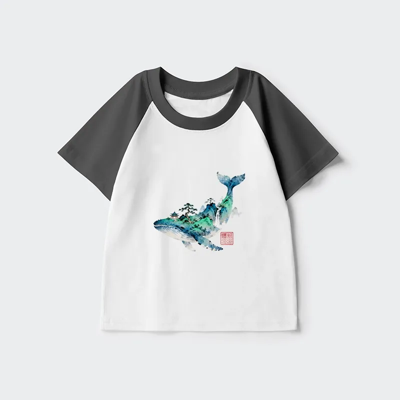 Tokyo-Tiger Whale Ink Painting Landscape Kids Raglan T-shirt