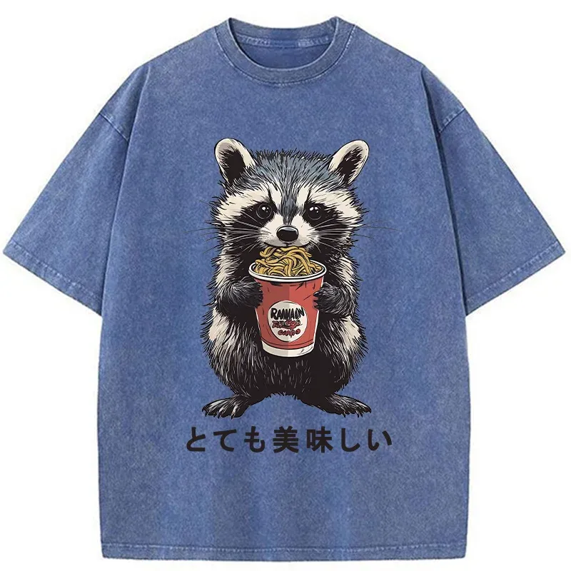 Tokyo-Tiger Cute Raccoon Eating Ramen Washed T-Shirt