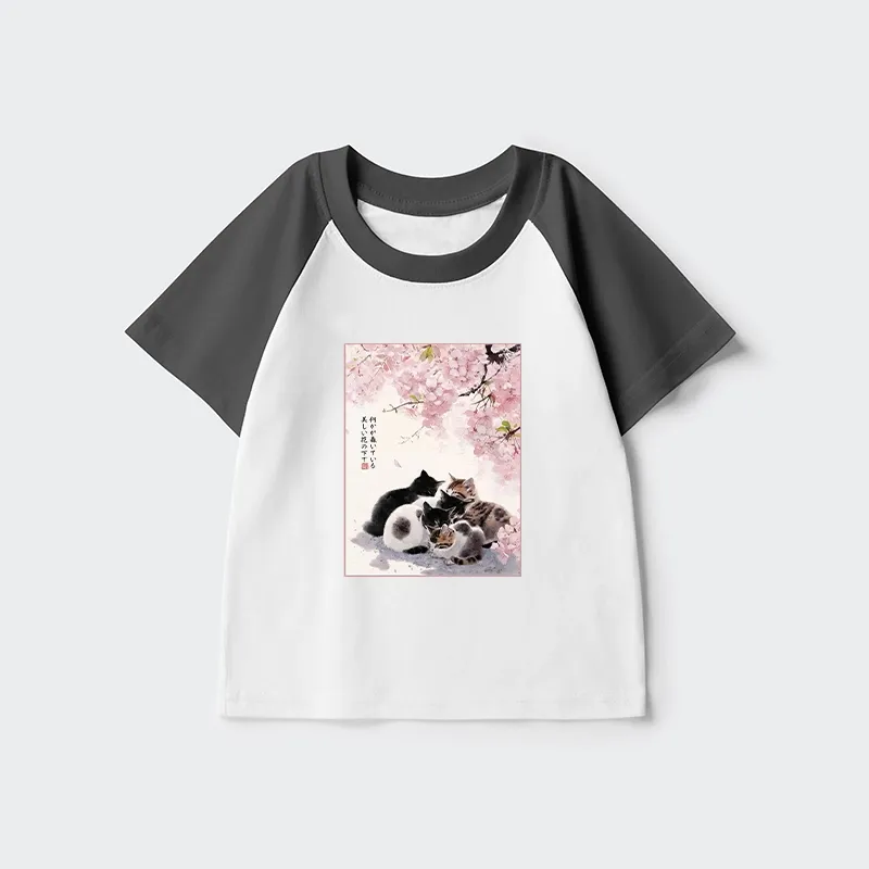 Tokyo-Tiger Cute Cats Sakura Garden Kids Raglan T-shirt