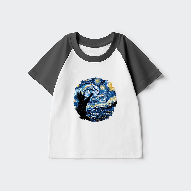 Tokyo-Tiger Starry Night Black Cat Kids Raglan T-shirt
