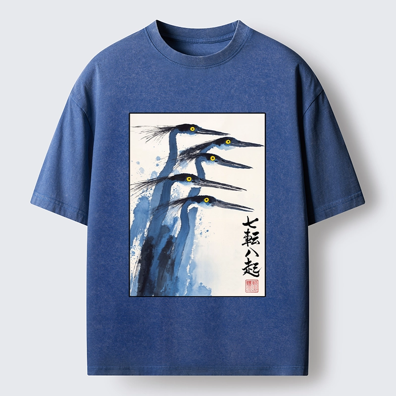 Tokyo-Tiger Blue Herons Japanese Ink Art Washed T-Shirt