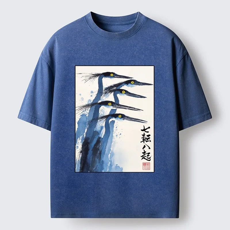 Tokyo-Tiger Blue Herons Japanese Ink Art Washed T-Shirt