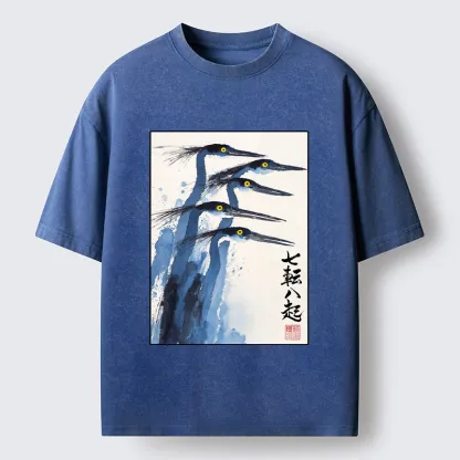 Tokyo-Tiger Blue Herons Japanese Ink Art Washed T-Shirt