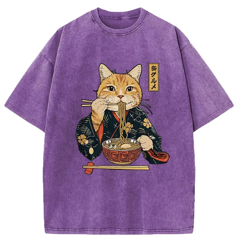 Tokyo-Tiger Elegant Cat Eating Ramen Washed T-Shirt