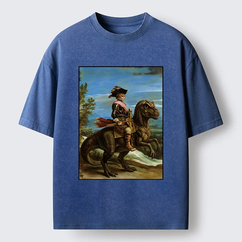 Tokyo-Tiger Fancy Cat Knight On Dinosaur Washed T-Shirt