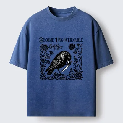 Tokyo-Tiger Crow With Knife Floral Print Washed T-Shirt