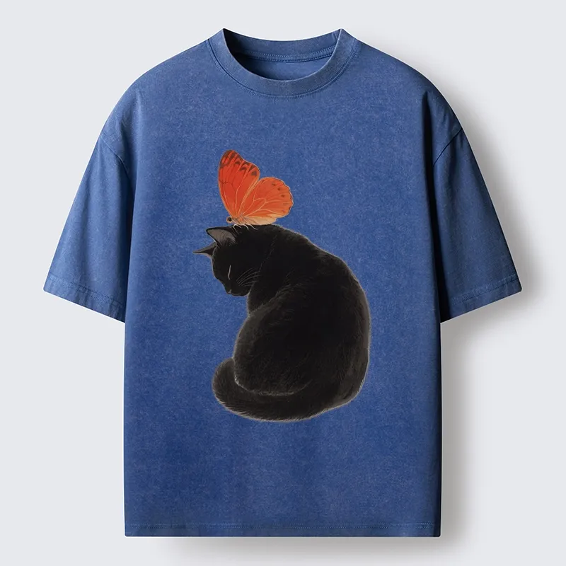 Tokyo-Tiger Black Cat With Orange Butterfly Washed T-Shirt