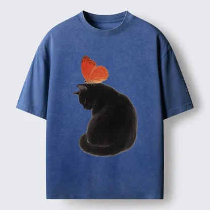 Tokyo-Tiger Black Cat With Orange Butterfly Washed T-Shirt