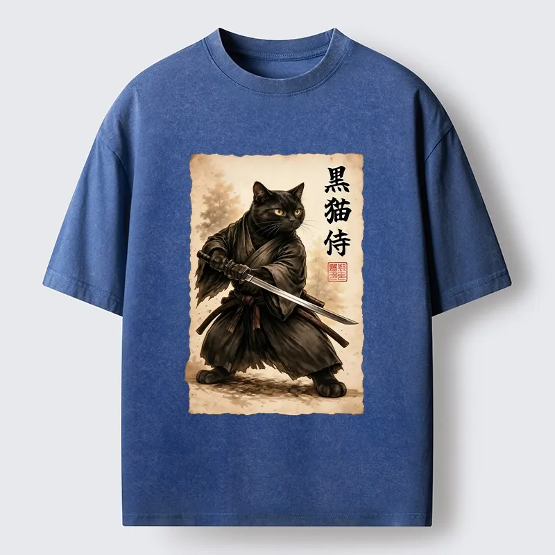 Tokyo-Tiger Black Cat Samurai Warrior Art Washed T-Shirt