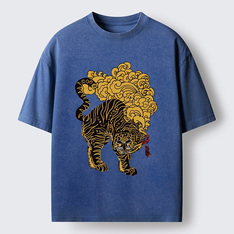 Tokyo-Tiger Black And Gold Tiger With Clouds Washed T-Shirt