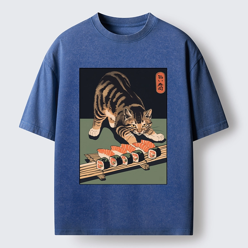 Tokyo-Tiger Cat Trying To Steal Sushi Washed T-Shirt