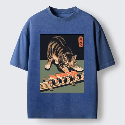 Tokyo-Tiger Cat Trying To Steal Sushi Washed T-Shirt
